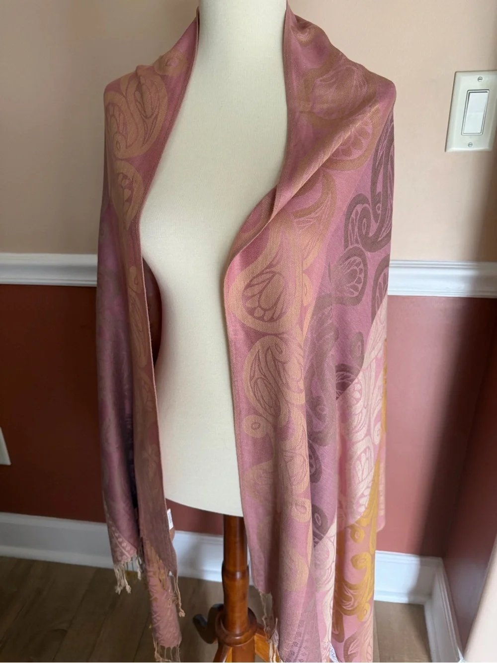 Pure Cashmere Scarf Pink & Gold made in Jerusalem 69x28” Long